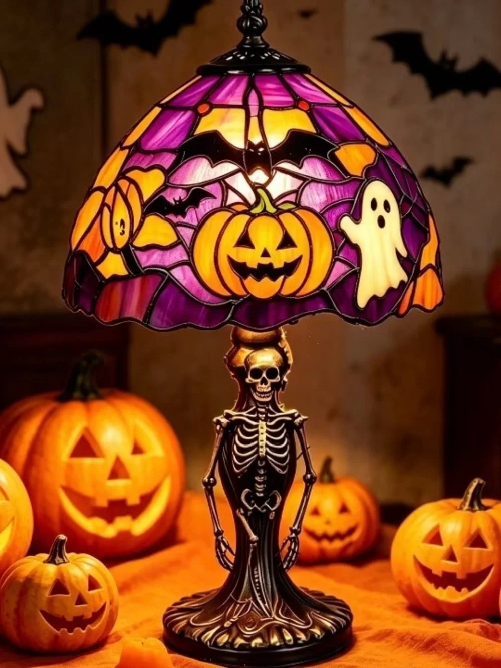 Halloween Stained Glass Pumpkin & Ghost Lamp - Purple and Orange